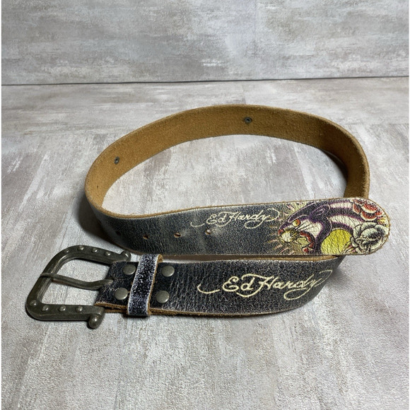 Ed Hardy Belt Womens 29 Grey Leather Floral Puma Silver Tone Hardware Y2K main image 6